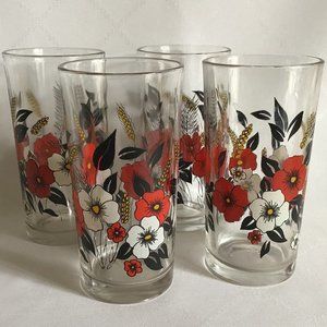 Set of Four Vintage Glass Tumbler with Floral Design Vintage